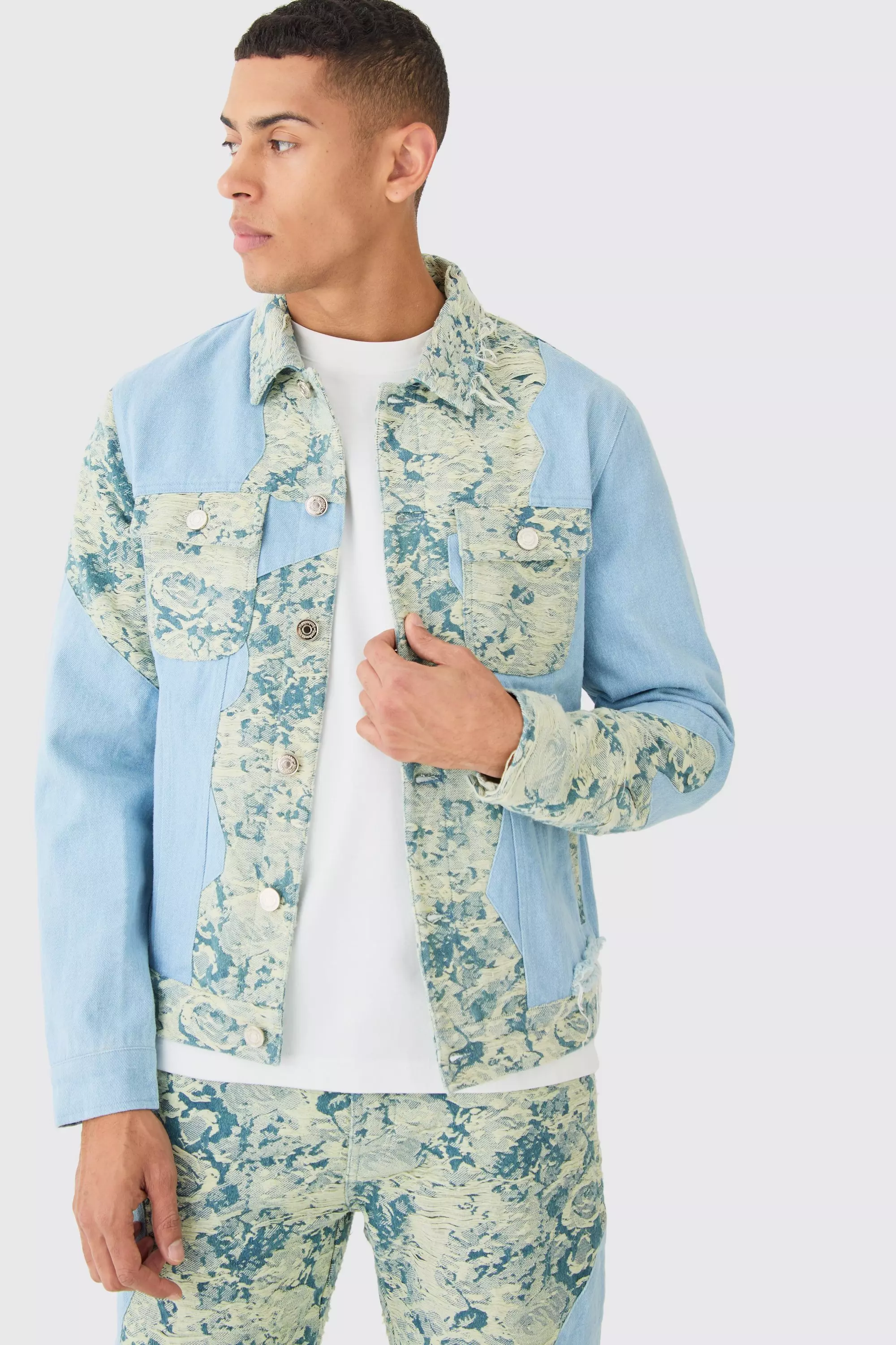 Spliced Fabric Interest Distressed Jean Jacket boohooMAN USA